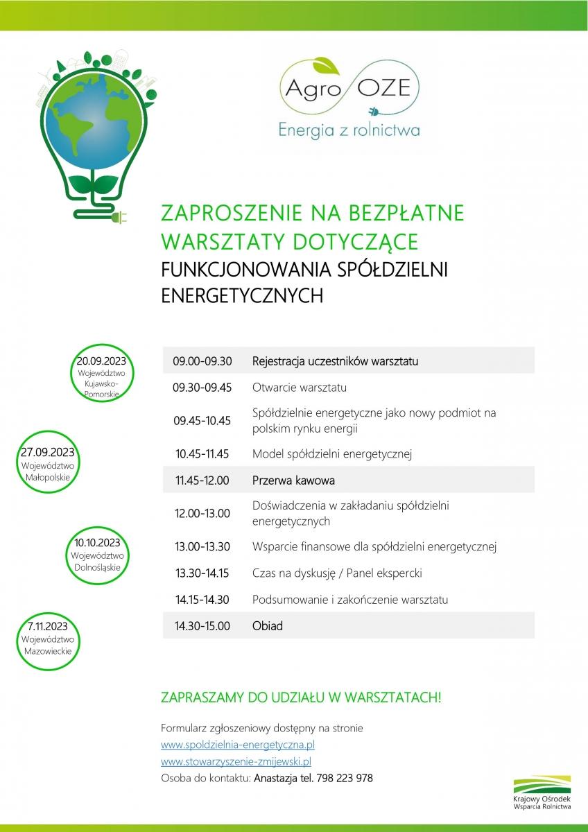 KOWR zaprasza na bezpłatne warsztaty dotyczące zakładania i funkcjonowania Spółdzielni Energetycznych